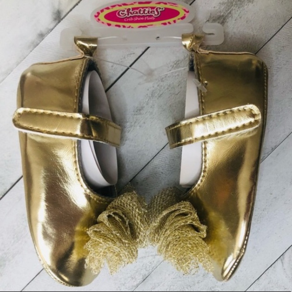 SOFT GOLD SHOES MARY JANES WITH BIG TOOLE BOWS   6-9 mo. - Picture 2 of 6